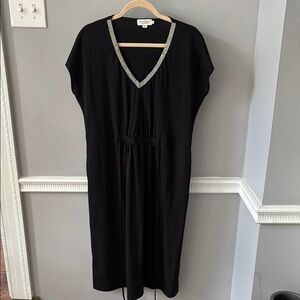 Black Dolman Sleeve Sheath Dress with tie back and silver beaded v neck line